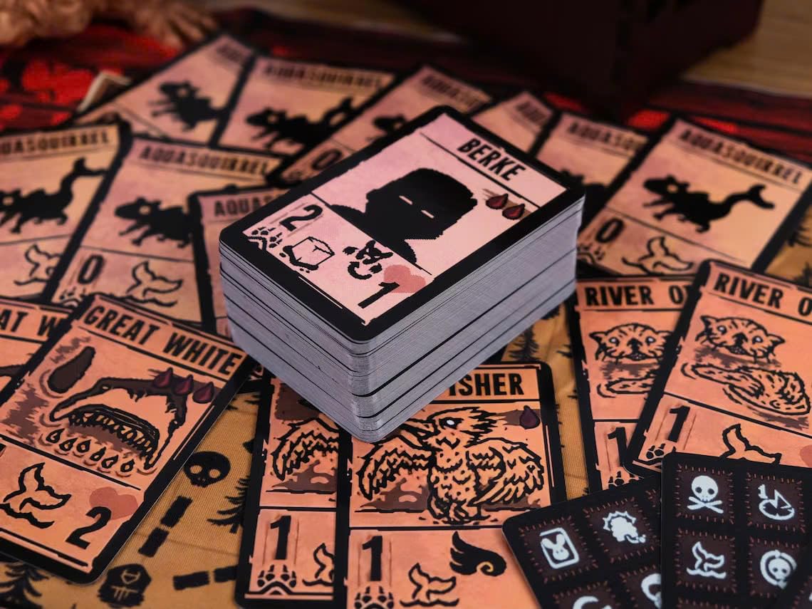 Grupa graczy przy stole wymienia karty zasobów i żetony podczas gry planszowej