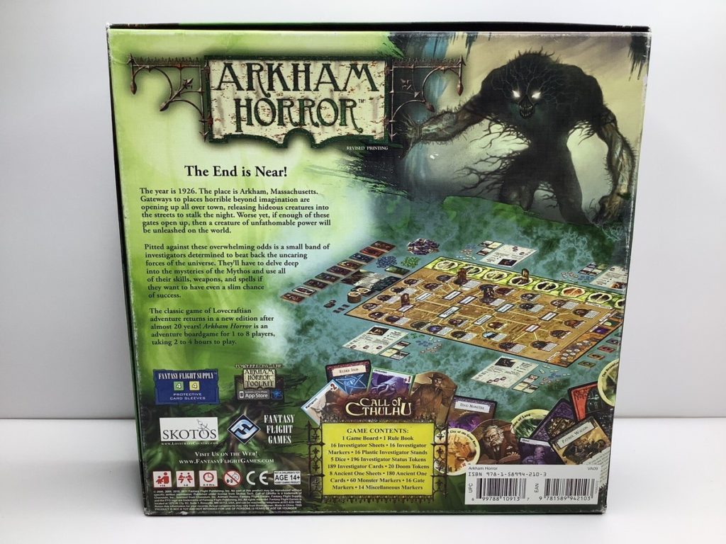 Badacze na planszy Eldritch Horror walczą z gigantycznym Cthulhu pośród mrocznych ruin