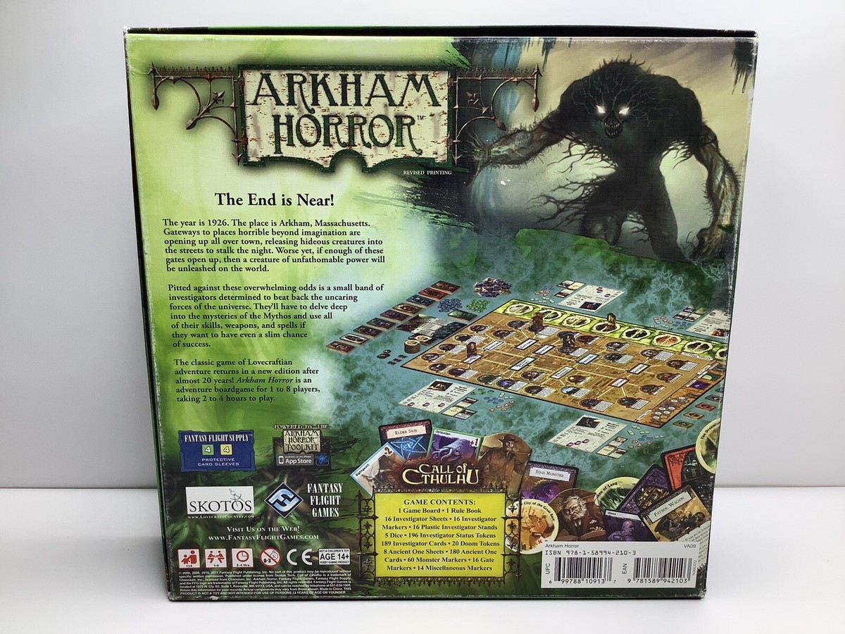 Badacze na planszy Eldritch Horror walczą z gigantycznym Cthulhu pośród mrocznych ruin