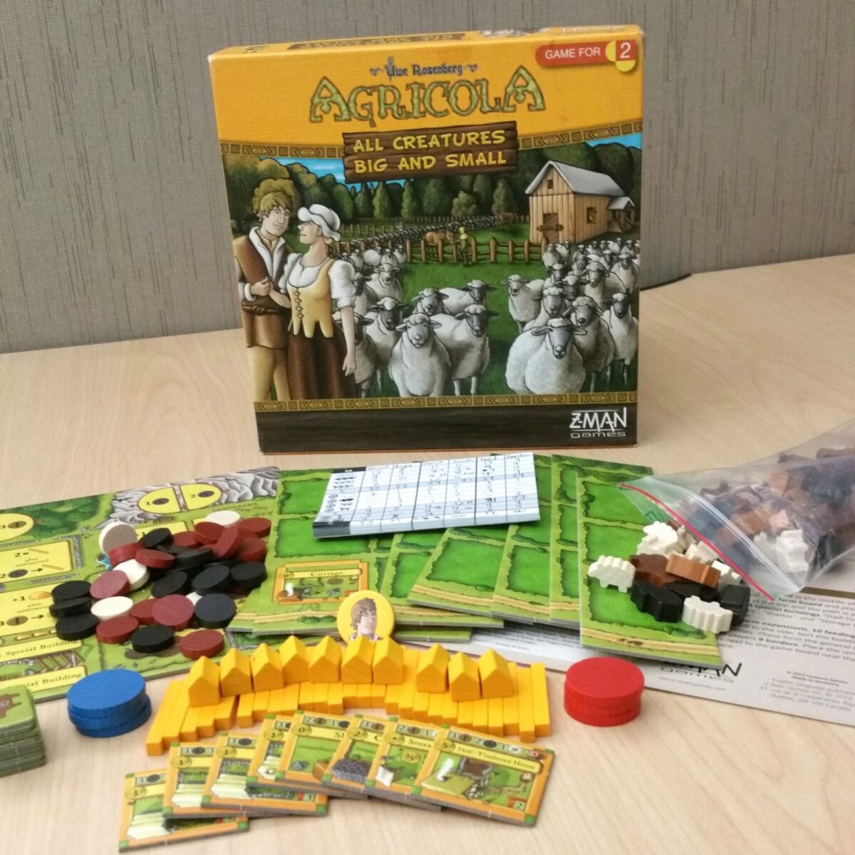 farmerzy na planszy Agricoli czterech farmerów z drewnianymi figurkami na kolorowej planszy gry